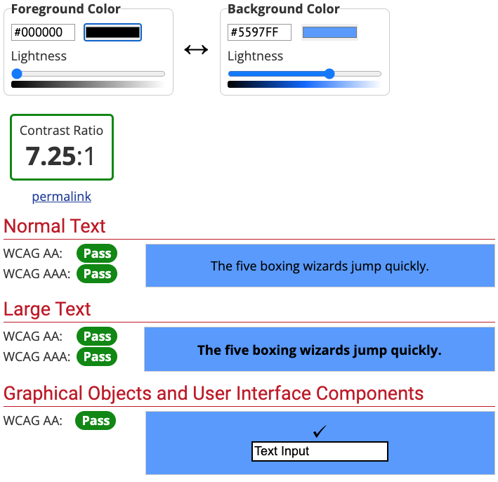 Colour accessibility check passing, with black text on a light blue background