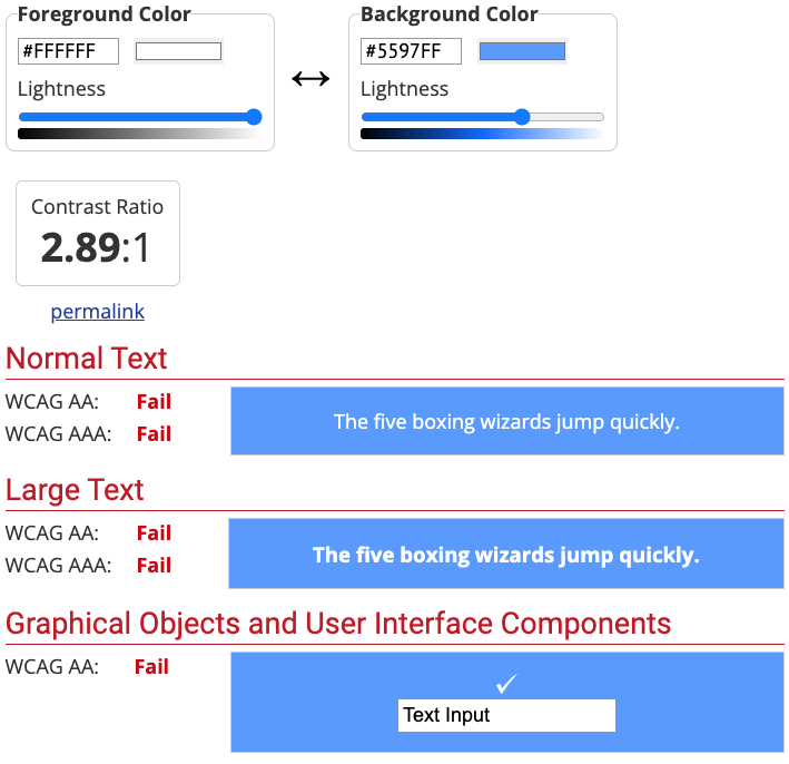 Colour accessibility check failing, with white text on a light blue background.