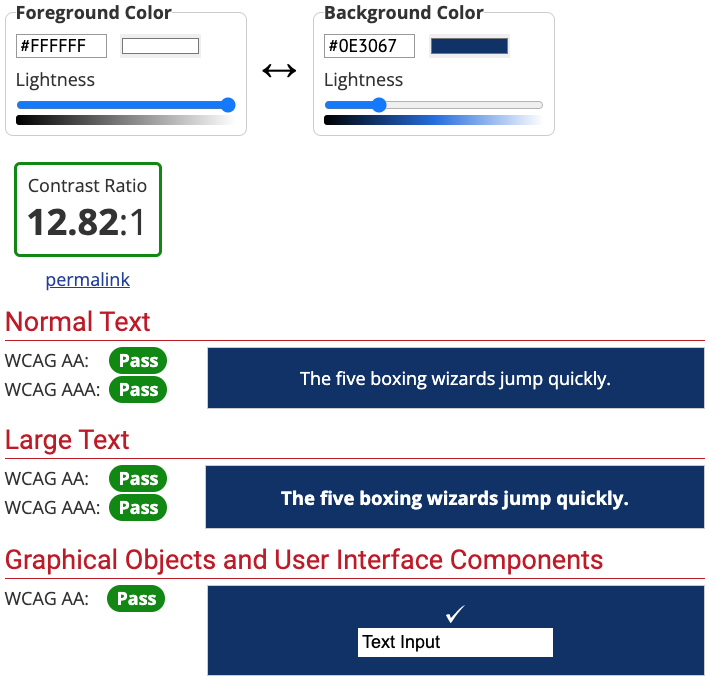 Colour accessibility check passing, with white text on a dark blue background