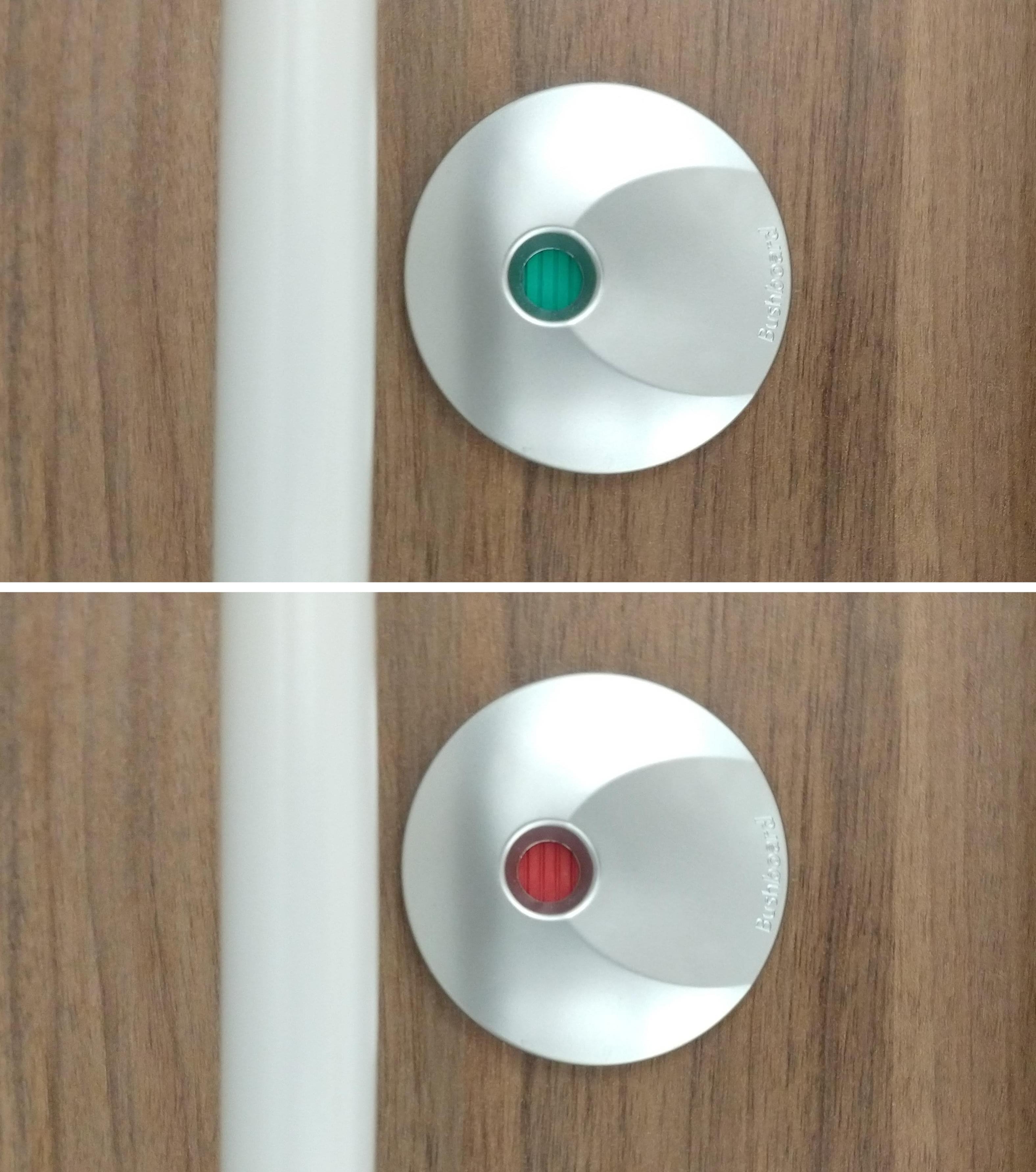 Montage showing two images of the same toilet door occupancy indicator. The top picture shows the indicator in green, the bottom in red.