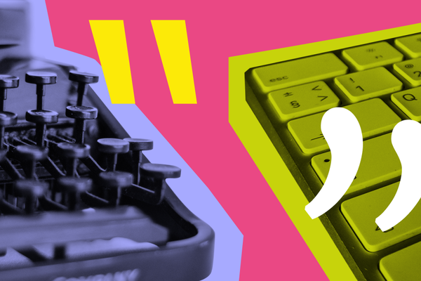 Colourised picture of an old typewriter (blue) and a modern keyboard (green) on a pink background. with quote marks overlaying the image