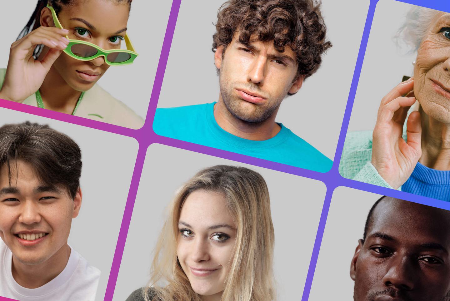 A grid of headshots, both male and female ranging from old-to-young and a from different cultures. The background had a gradient starting with pink on the left and bleeding into blue on the right.