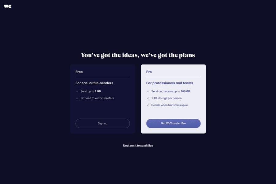 An image of the WeTransfer website, where it shows the two plans for free and paid. Under the plans is a link to transfer files.