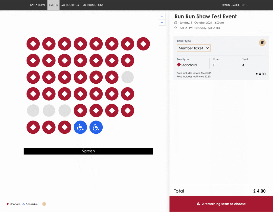 Screenshot of split pane view showing a simpler seating plan without any ticket selected