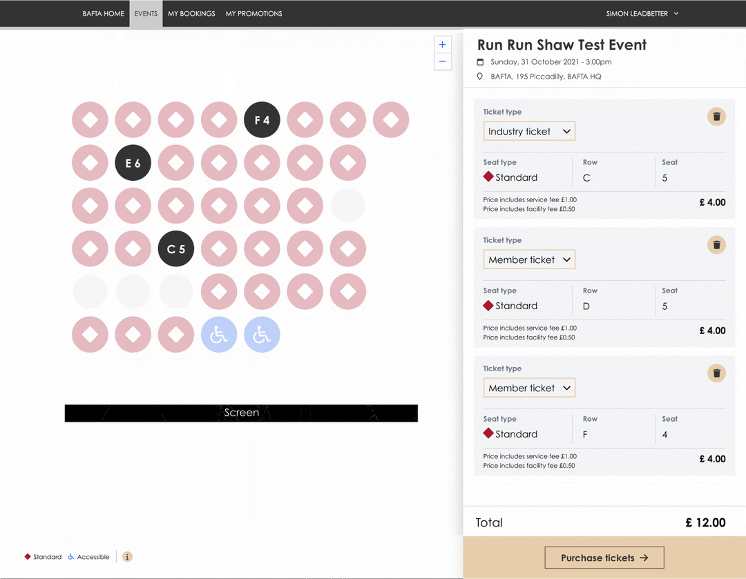 Screenshot of split pane view showing a simpler seating plan with three tickets selected and a button to purchase tickets