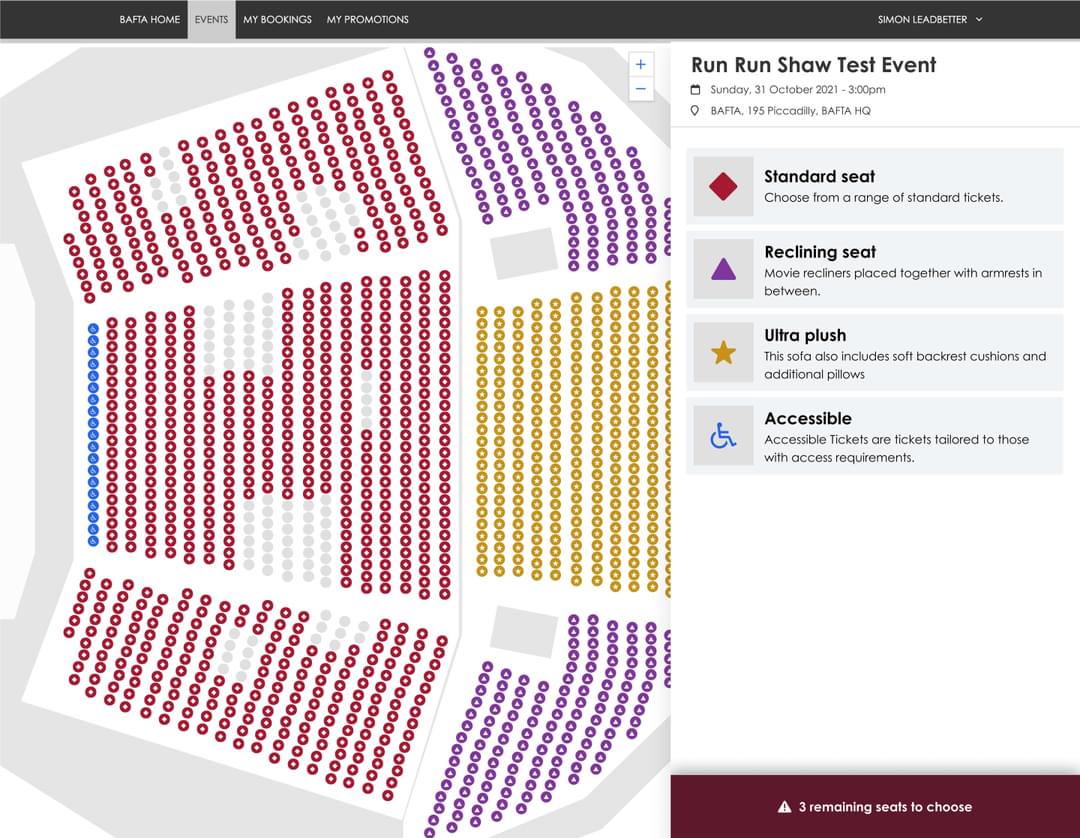 A screenshot showing the split view of complex seating plan for a venue (left pane) with the ticket information (right pane)