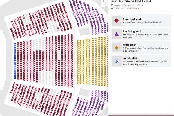 A screenshot showing the split view of complex seating plan for a venue (left pane) with the ticket information (right pane)