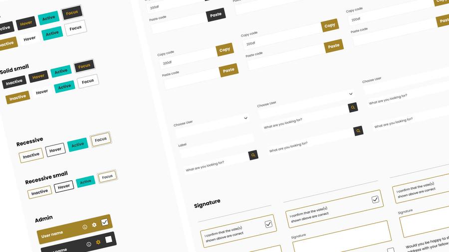 The buttons and form fields from the UI Kit for BAFTA Jury. The buttons have the various states of default, hover, active and focus.