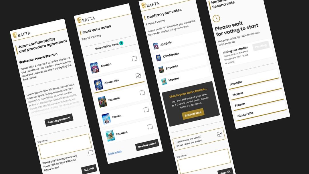 A collection of screens showing various stages and a menu for the mobile version of the service.