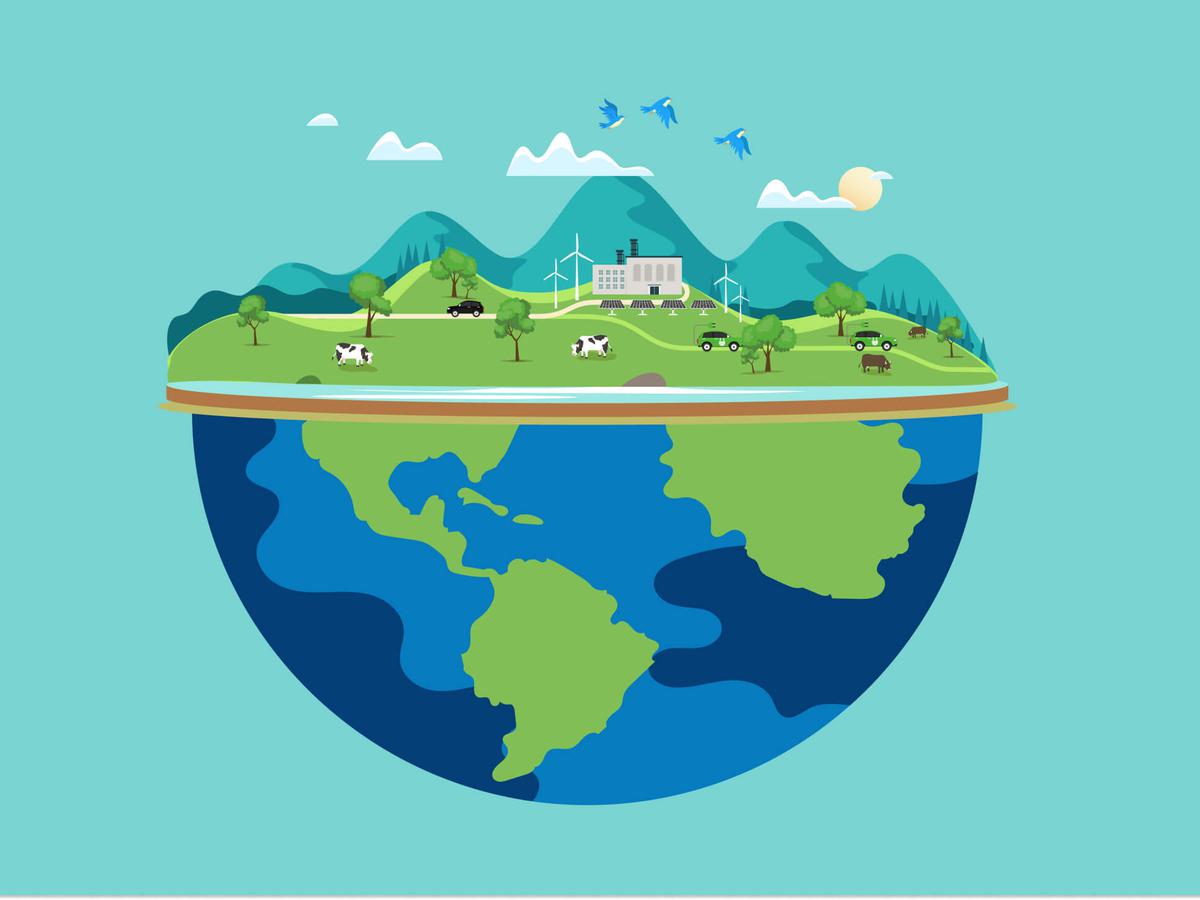 Illustration of the planet earth dissected in half with a 3D landscape of a farm with cows and sheep in the field with a backdrop of mountains.