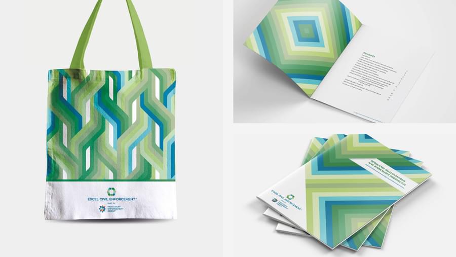 A photo montage of Excel Civil Enforcement’s tote bag and brochure cover/interior spread both adorning Excel’s distinctive patterns.