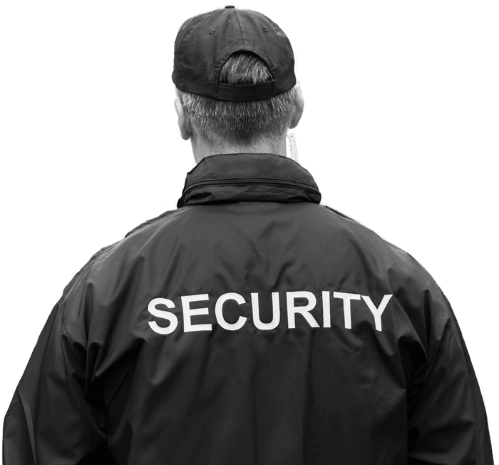 A security guard with his back turned. He is wearing a black jacket and black cap. On the jacket the text Security is emblazoned across his back between the shoulders.