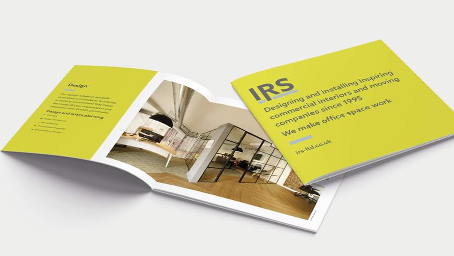 IRS square company brochure showing the cover and interior spread.