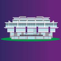 An illustration of the front-facing exterior of the QEII Centre isolated on a blue background.