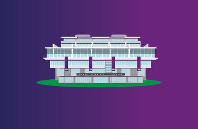 An illustration of the front-facing exterior of the QEII Centre isolated on a blue background.