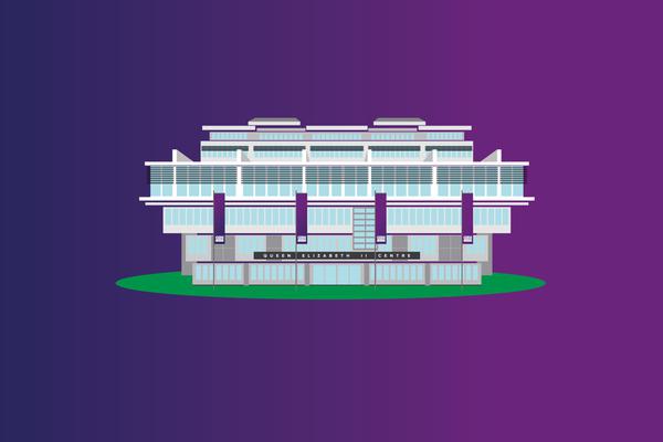 An illustration of the front-facing exterior of the QEII Centre isolated on a blue background.