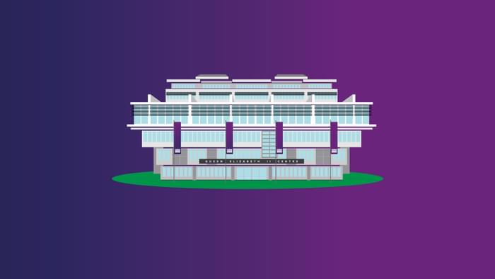 An illustration of the front-facing exterior of the QEII Centre isolated on a blue background.
