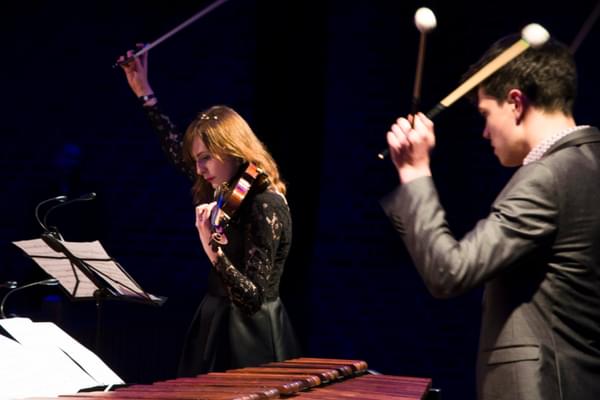 A photograph of a lady playing the violin on the left, and a man playing the xylophone on the right.