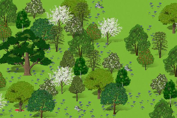 Hero image of the virtual forest. A mature English oak is on the left dominating the graphic, surrounded by a bluebell field and the rest of the forest.