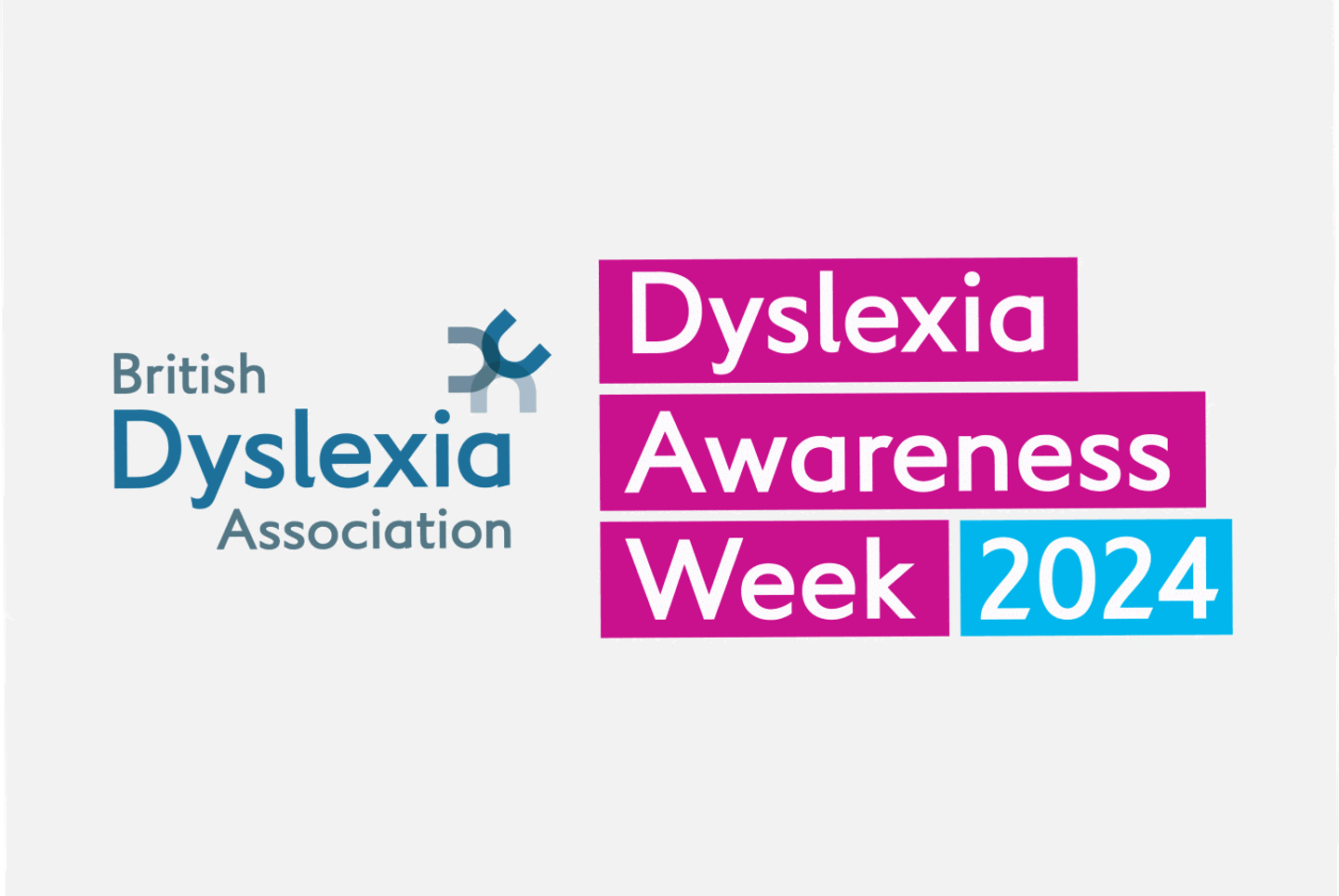 Graphic designed by the British Dyslexia Association for Dyslexia Awareness Week 2024. 'Dyslexia Awareness Week' is highlight in pink and '2024' is highlighted in blue. The British Dyslexia Association logo is blue and grey. The logos are positioned next to each other on a light grey background.