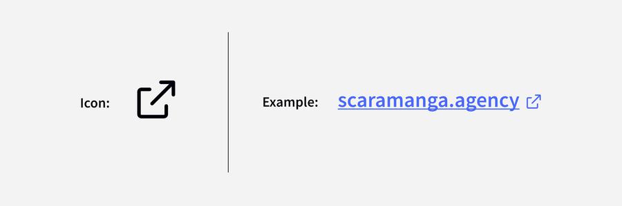 An image showing an example of how an external text link should be displayed, with the icon on the left and the example on the right. The icon is of a square and an arrow protruding out of it to the diagonal right upwards.