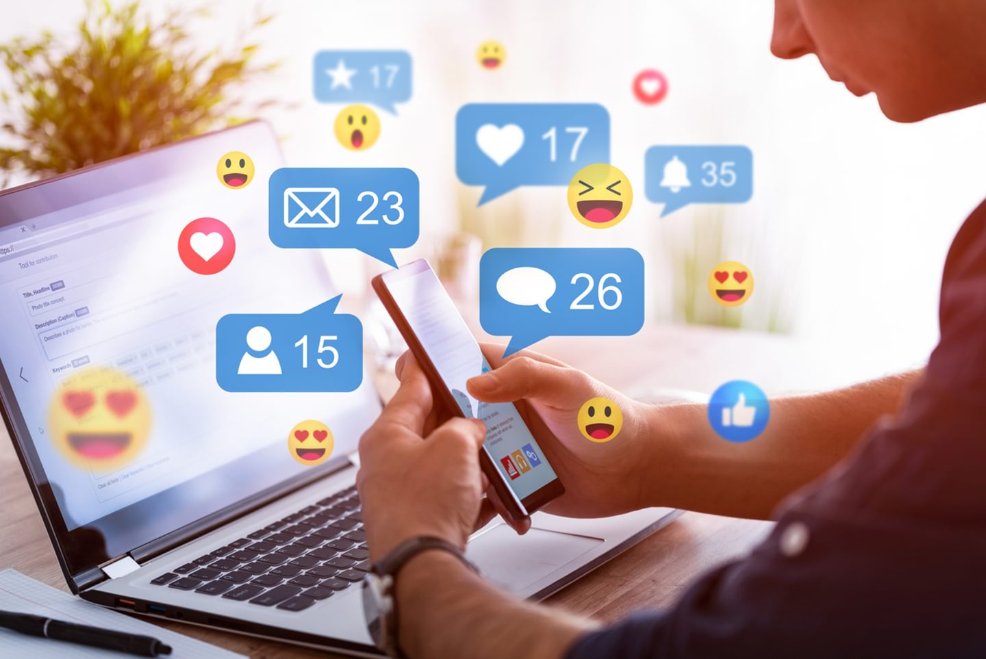 Stock image of someone sat looking at a phone. Surrounding the phone are many reactions, likes and comments to illustrate virality.