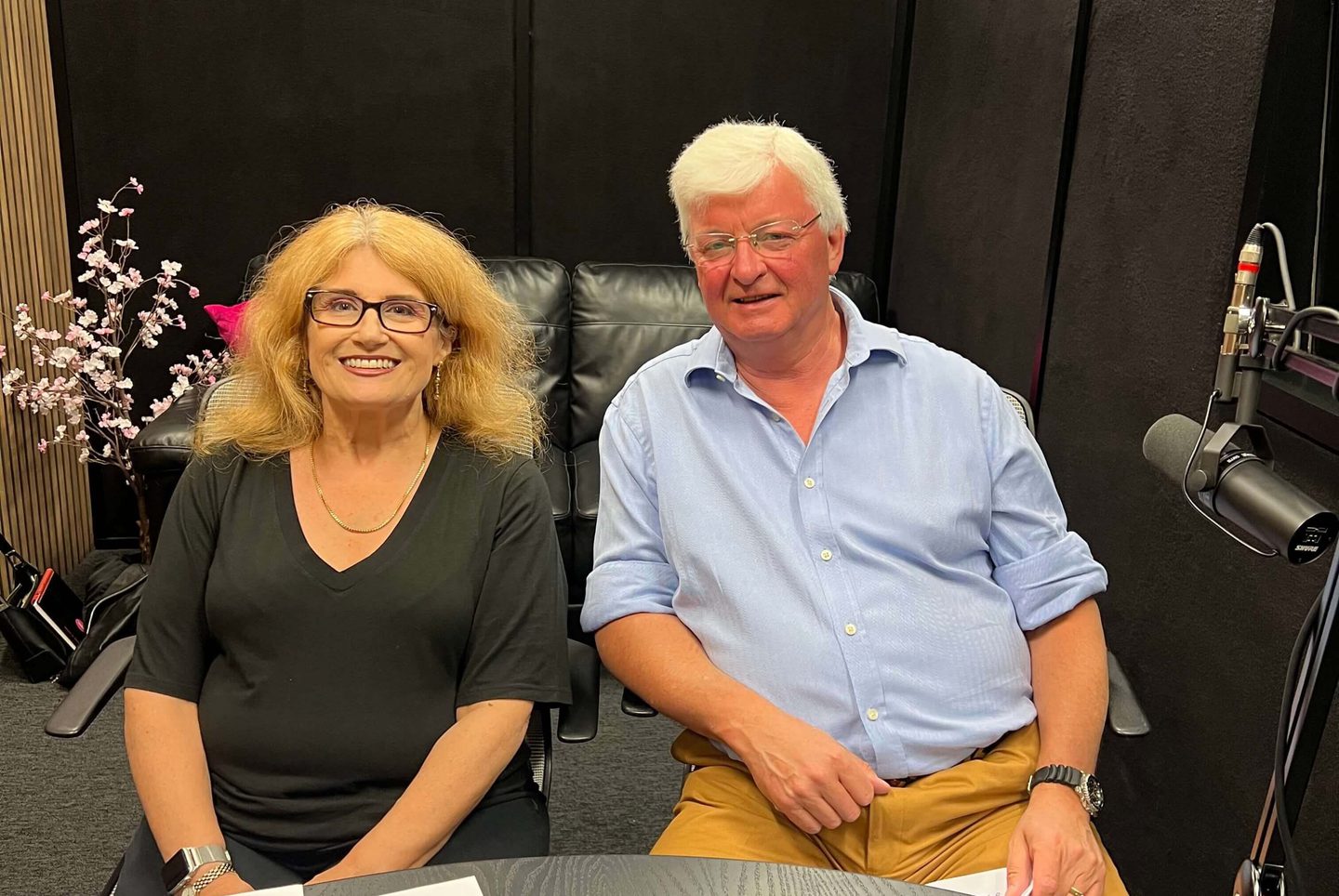 An image of Claire and Gordon sat in the podcast studio before recording the episode 'Strategy driven marketing for businesses'
