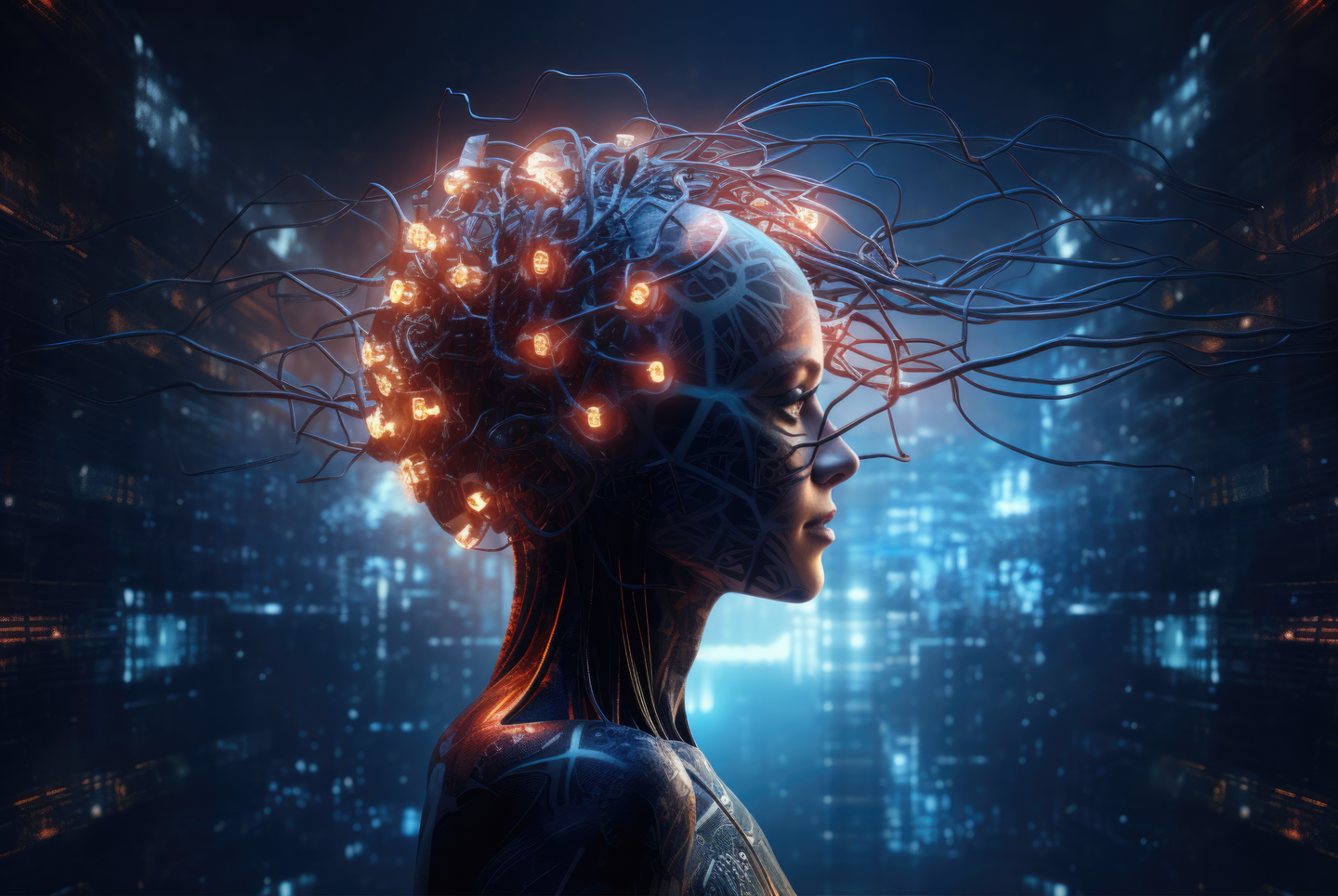 Futuristic illustration of someone's head connected to a bunch of illuminated wires.